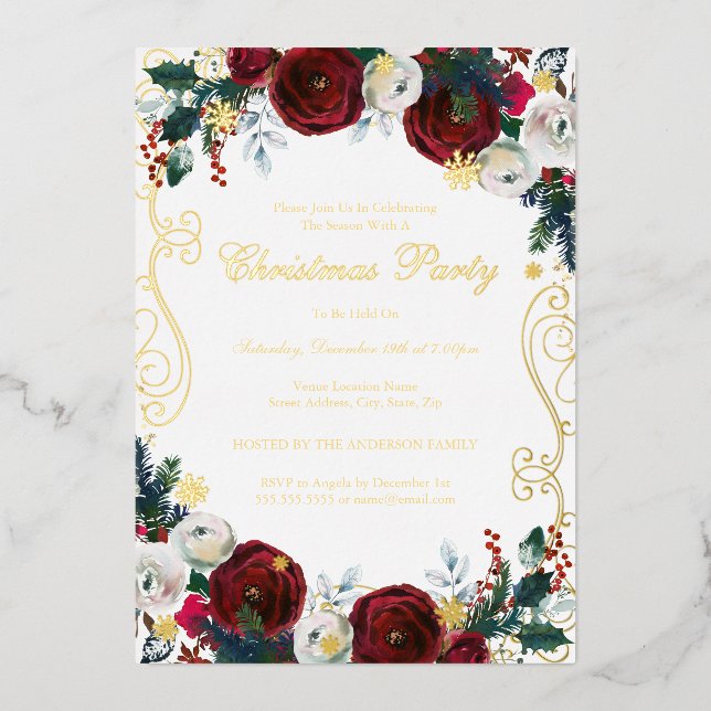 Floral Swirl Red Gold Christmas Party  Foil Invitation (Front)