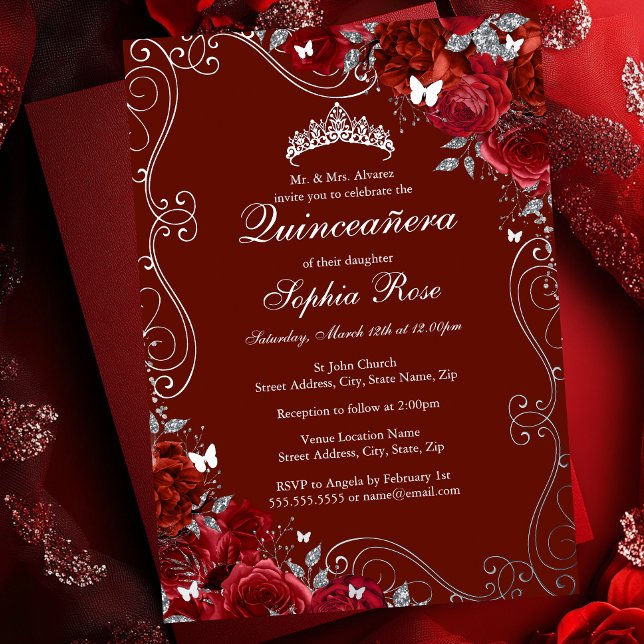 Floral Swirl Red Silver Butterfly Quinceanera Foil Invitation (Creator Uploaded)