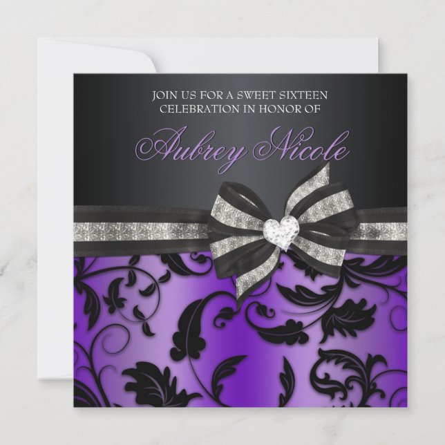 Floral Swirl Sweet Sixteen Invite With Jeweled Bow (Front)