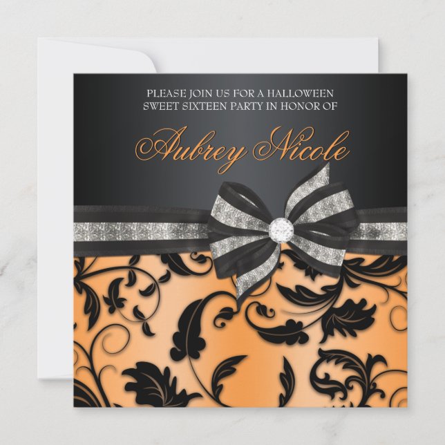 Floral Swirl Sweet Sixteen Invite With Jeweled Bow (Front)