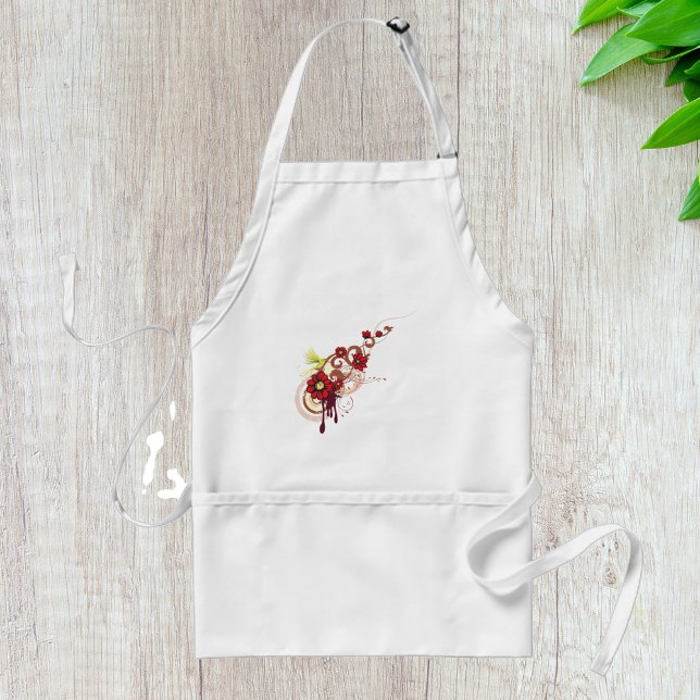 Floral Swirl with Red Flowers and Hummingbird  Adult Apron (Creator Uploaded)