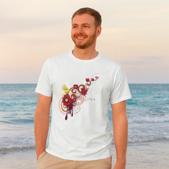 Floral Swirl with Red Flowers and Hummingbird  T-Shirt (Creator Uploaded)