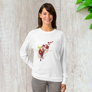 Floral Swirl with Red Flowers and Hummingbird T-Shirt