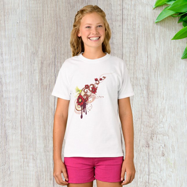 Floral Swirl with Red Flowers and Hummingbird  T-Shirt (Creator Uploaded)