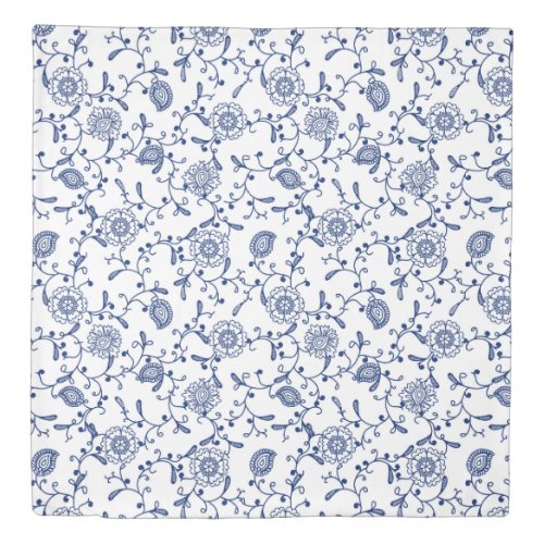 Floral Swirls and Flowers Blue and White Patterned Duvet Cover