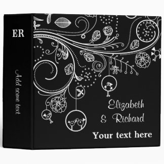 Floral swirls & birds black white wedding planner 3 ring binder