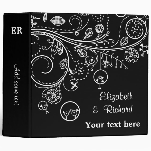 Floral swirls & birds black white wedding planner 3 ring binder (Front/Spine)