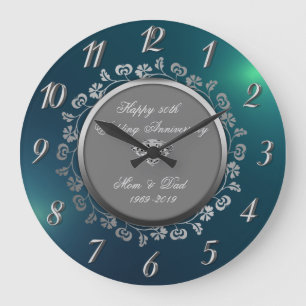 Floral Swirls,Green 50th Wedding Anniversary Large Clock
