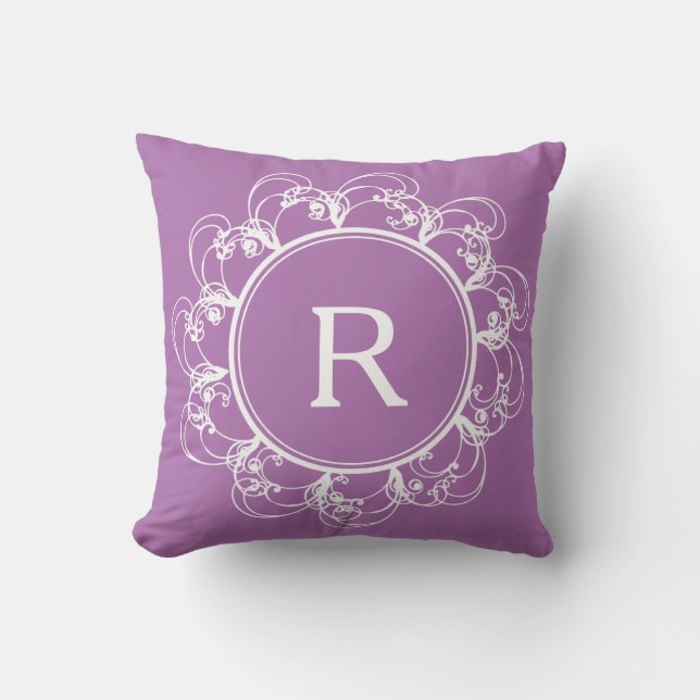 Floral Swirls Monogram Purple Pillow (Front)