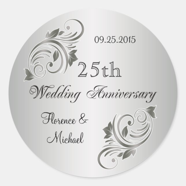 Floral swirls silver gray Anniversary Sticker (Front)