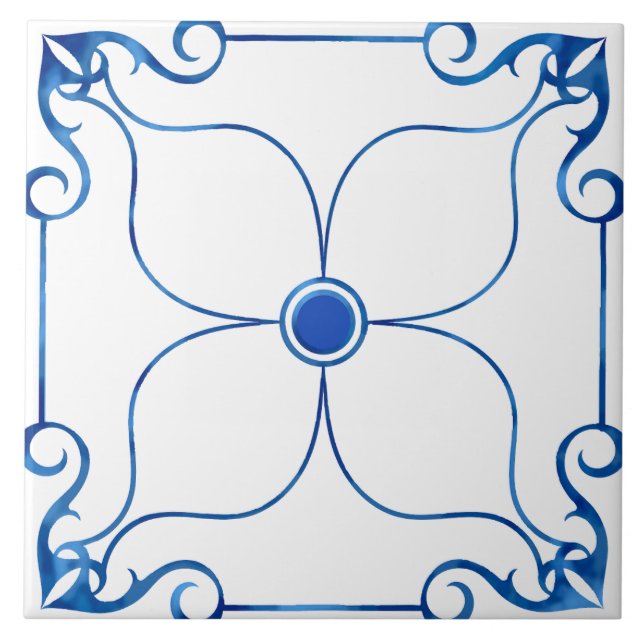 Floral Symmetry Mediterranean (Blue) Ceramic Tile (Front)