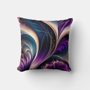 Floral Symphony - Deep Purple - Gold Abstract Art Throw Pillow