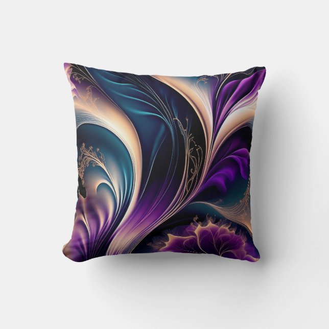 Floral Symphony - Deep Purple - Gold Abstract Art Throw Pillow (Front)