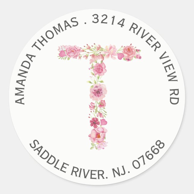 Floral T Initial Monogram Return Address Sticker (Front)