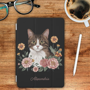 Floral Tabby Cat Monogram iPad Mini Cover