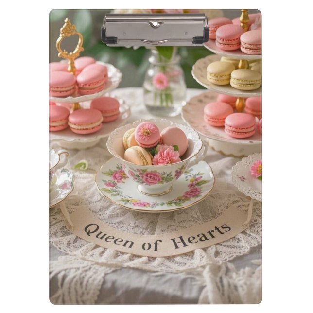 Floral table, teacups, tiered trays macarons queen clipboard (Front)