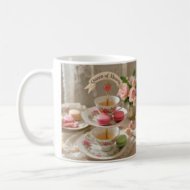 Floral table, teacups, tiered trays macarons queen coffee mug (Left)