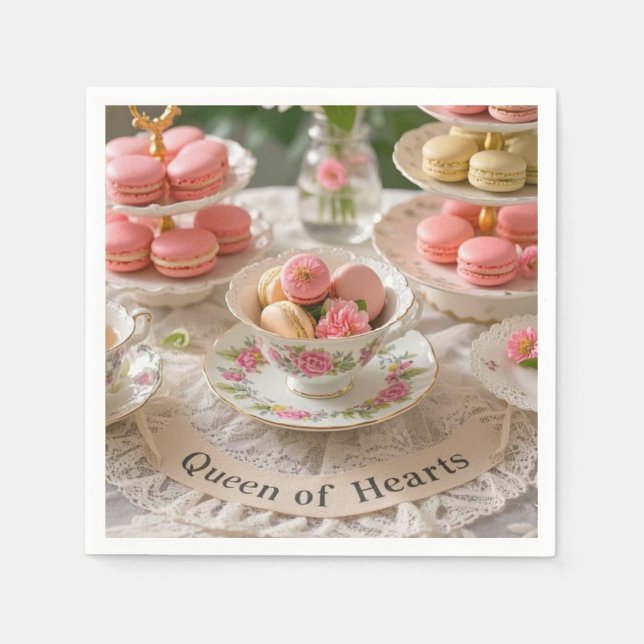 Floral table, teacups, tiered trays macarons queen napkins (Front)