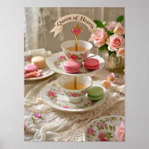 Floral table, teacups, tiered trays macarons queen poster