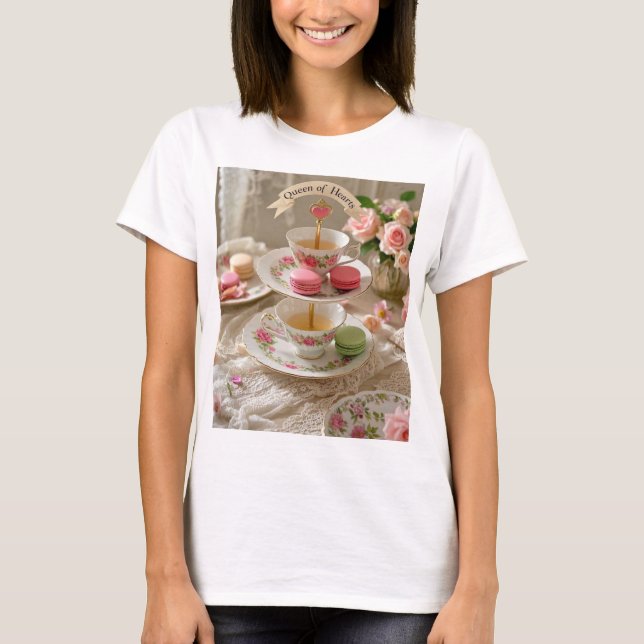 Floral table, teacups, tiered trays macarons queen T-Shirt (Front)