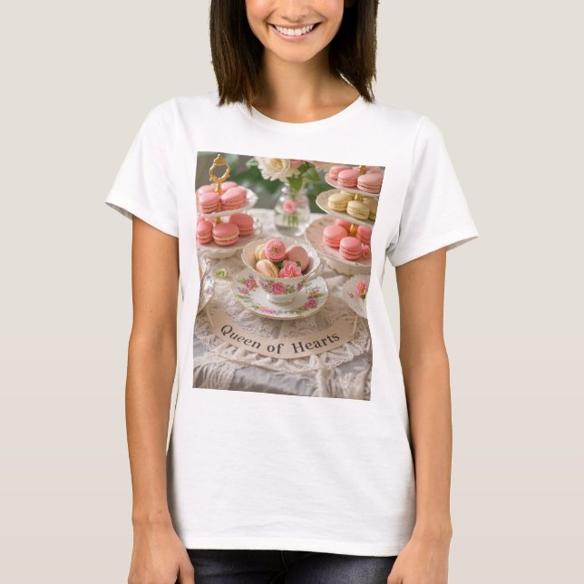 Floral table, teacups, tiered trays macarons queen T-Shirt (Front)