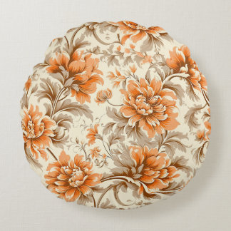 Floral Tangerine Cream Round Pillow