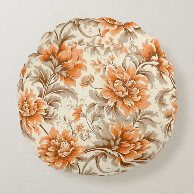 Floral Tangerine Cream Round Pillow (Front)