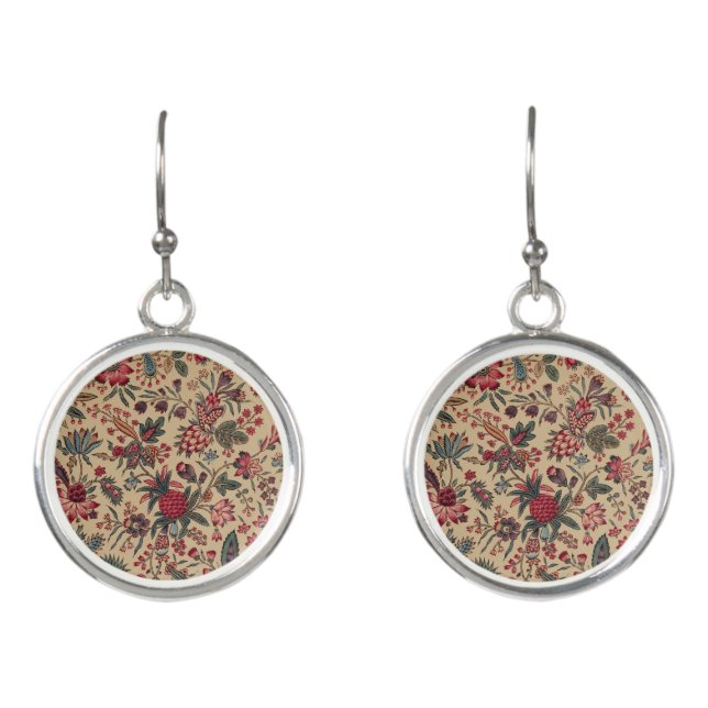 Floral Tapestry Needlework Flower Art Earrings (Front)