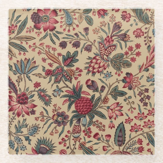 Floral Tapestry Needlework Flower Art Glass Coaster (Front)