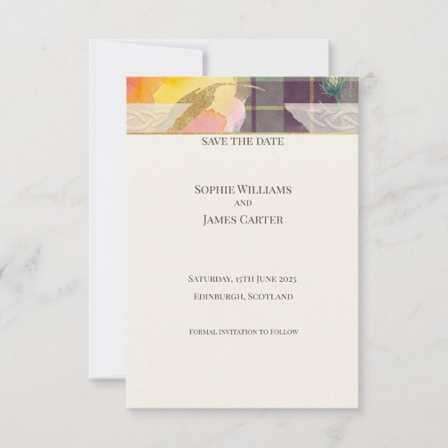Floral Tartan Save the Date Card (Front)