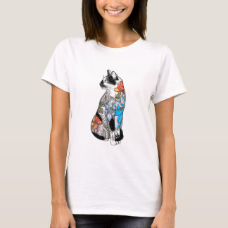 Floral Tattoo Cat Illustration – Vibrant, Artistic T-Shirt