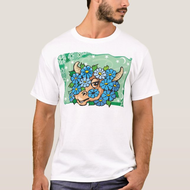Floral Taurus Bull with Blue Flowers T-Shirt (Front)