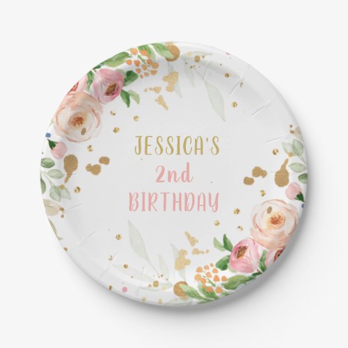 Floral Tea Birthday Party Flowers Pink Gold Girl Paper Plates