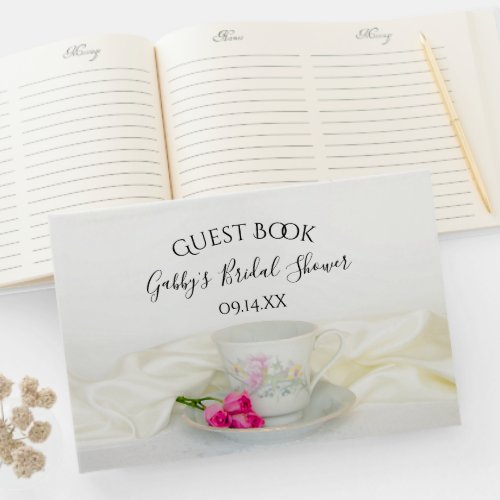 Floral Tea Cup and Pink Roses Bridal Shower Guest Book