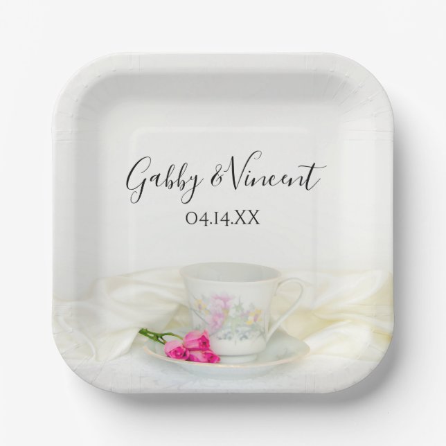 Floral Tea Cup and Pink Roses Wedding Paper Plates (Front)