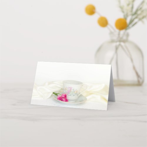 Floral Tea Cup and Pink Roses Wedding Place Card