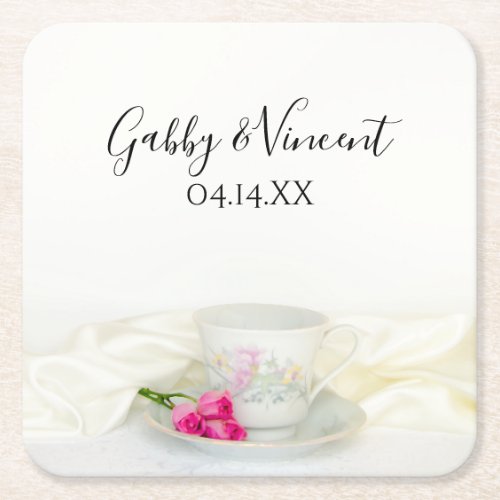 Floral Tea Cup and Pink Roses Wedding Square Paper Coaster