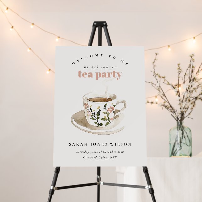 Floral Tea Cup Bridal Shower Tea Party Welcome Foam Board (In Situ (Stand))