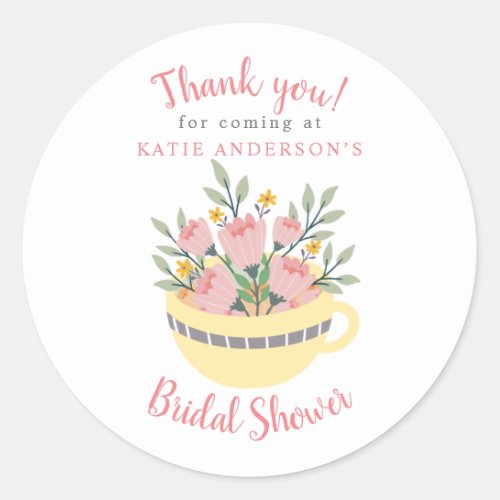 Floral Tea Cup Calligraphy Bridal Shower Thank you Classic Round Sticker