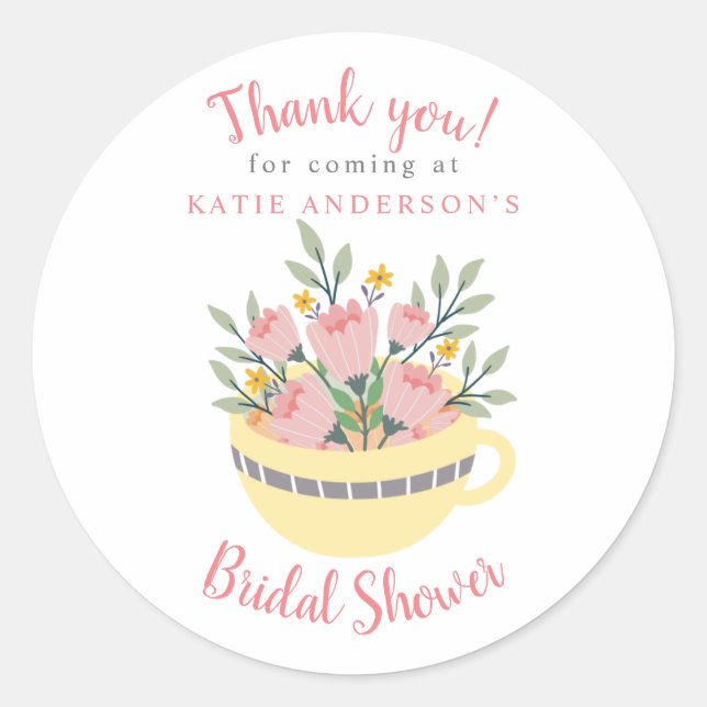 Floral Tea Cup Calligraphy Bridal Shower Thank you Classic Round Sticker (Front)