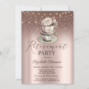 Floral Tea Cup,Glitter,String Lights Retirement Invitation