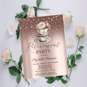 Floral Tea Cup,Glitter,String Lights Retirement Invitation