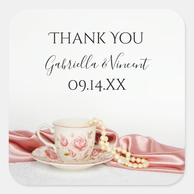 Floral Tea Cup Pearls Wedding Thank You Favor Tag (Front)