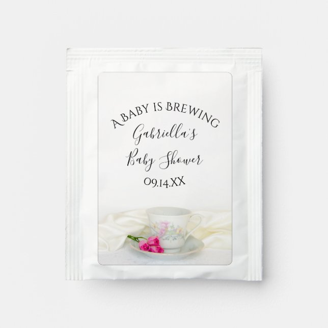 Floral Tea Cup Pink Roses Baby is Brewing Shower Bag Drink Mix (Front)