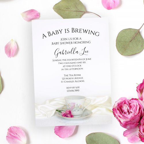 Floral Tea Cup Pink Roses Baby is Brewing Shower Invitation