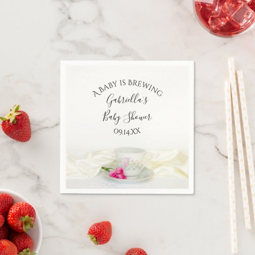 Floral Tea Cup Pink Roses Baby is Brewing Shower Napkins