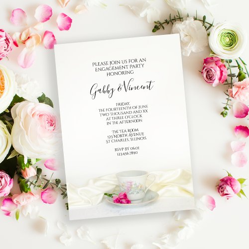 Floral Tea Cup Pink Roses Wedding Engagement Party Invitation