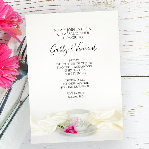 Floral Tea Cup Pink Roses Wedding Rehearsal Dinner Invitation