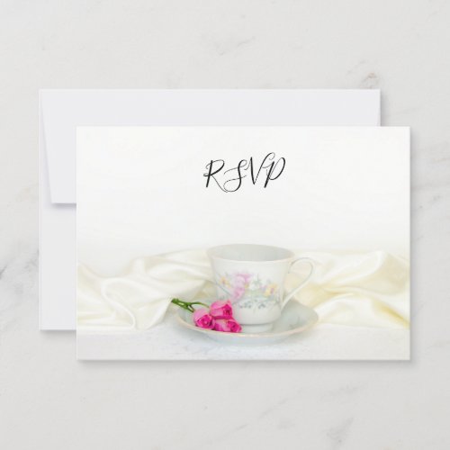 Floral Tea Cup Pink Roses Wedding RSVP Reply Card