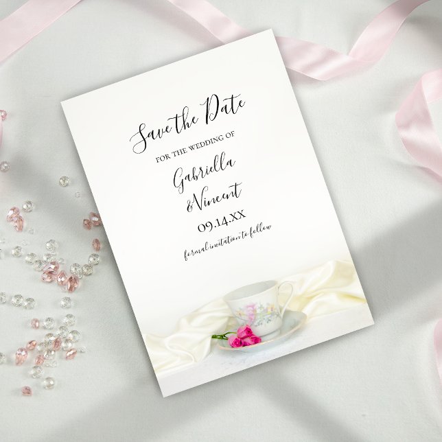 Floral Tea Cup Pink Roses Wedding Save the Date (Creator Uploaded)